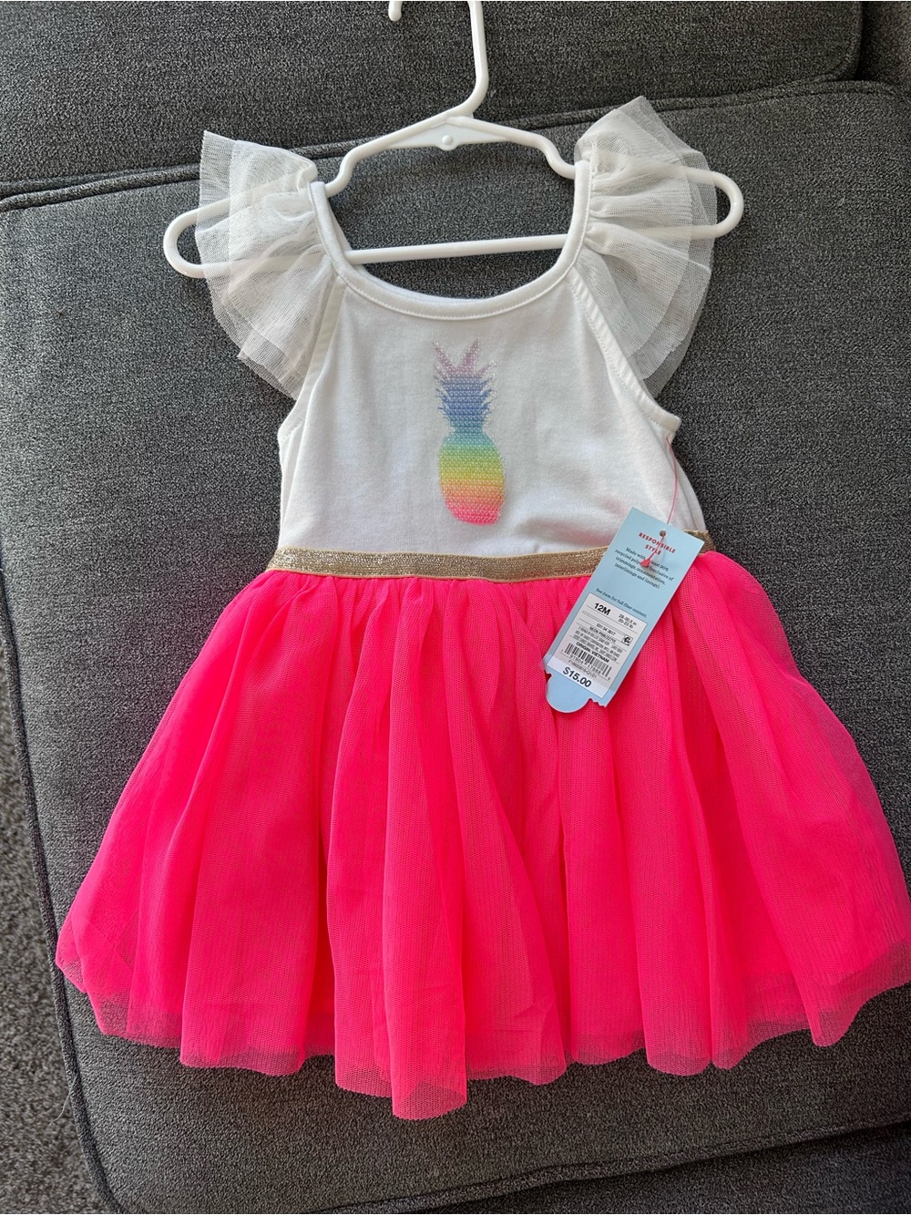 Cat & Jack Neon Pineapple Dress with Neon Pink Skirt Gold Glitter Waistband 12M